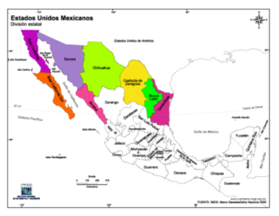 Mapa de la República Mexicana con división política. Los estados que componen la Region Norte se encuentran con color. Los otros sin color pero con el nombre de la entidad federativa.